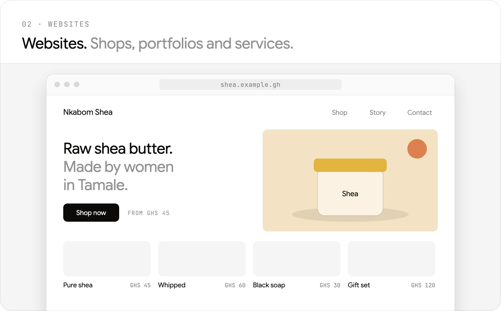 A shea butter shop’s website in a browser window.